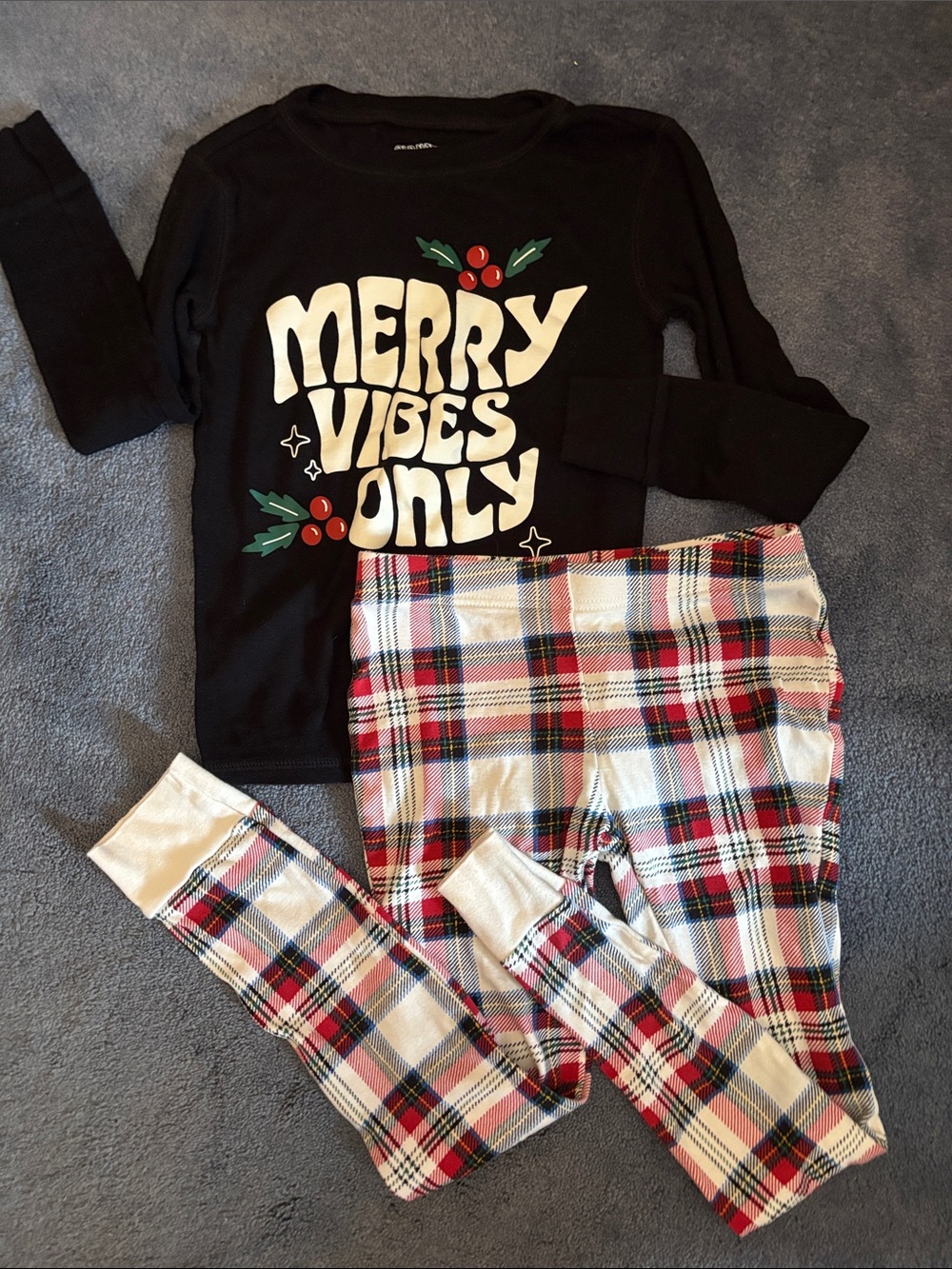 Kids Old Navy Black 'Merry Vibes Only' Top with Red and White Plaid Pajama Pants